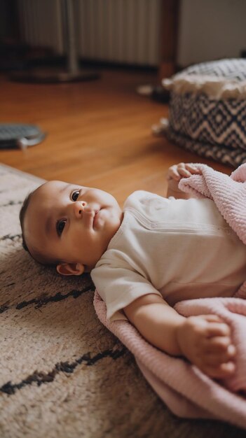 Photo low angle cute baby laying on floor