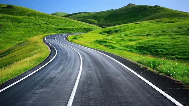 Low angle empty highway road on bright sunny day with blue sky and clouds green hills