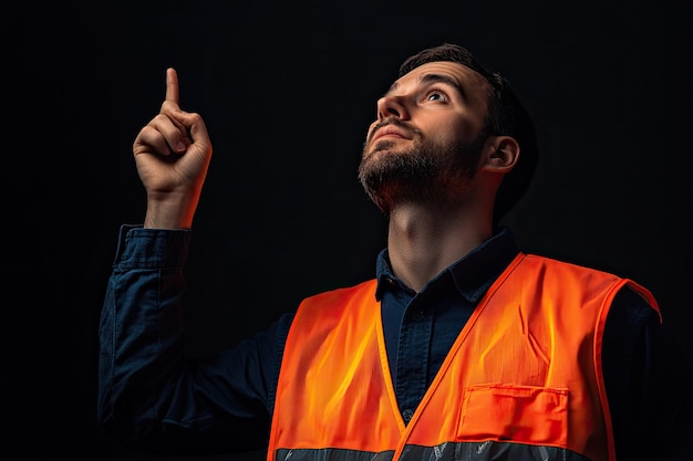 Low angle man with safety vest pointing up