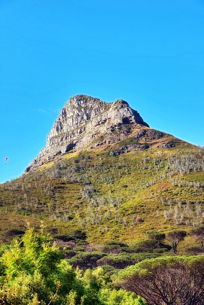 Low angle of a mountain peak in South Africa Scenic landscape of a remote hiking location on Lions Head in Cape Town on a sunny day with copy space Stunning adventure and travel place to explore