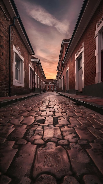 low angle of paving stone vintage road cover with old houses antique street