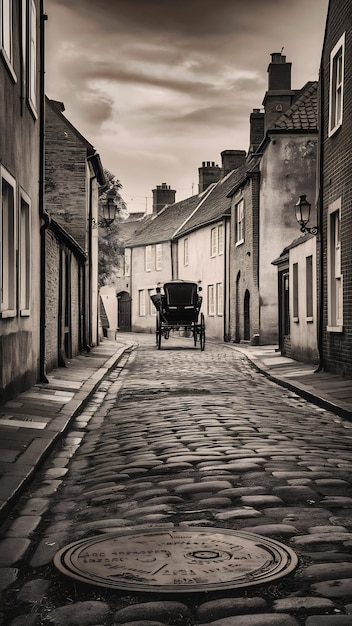 low angle of paving stone vintage road cover with old houses antique street