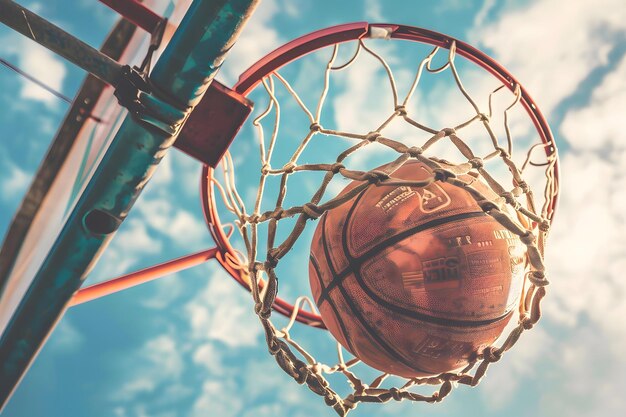 low angle photo of a basketball going through the net close up shot from a low camera position