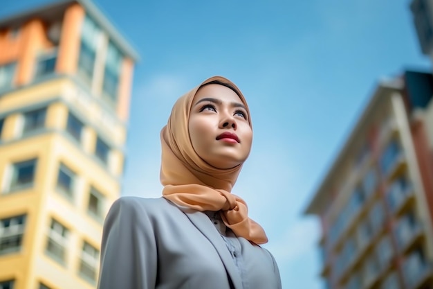 Low angle portrait of confident Asian businesswoman with hijab and formal wear Generative AI