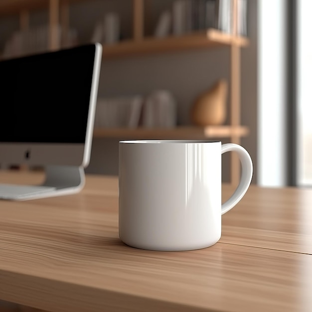 Low angle shot 3D render of White Mug mockup on the desktop table with computer background