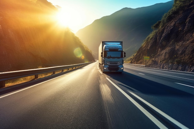 Low angle shot of a cargo truck driving on a highway capturing the power and scale of the vehicle Generative AI