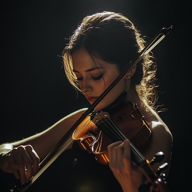 Photo low angle shot of concentrated female violinist playing classical music in dark studio