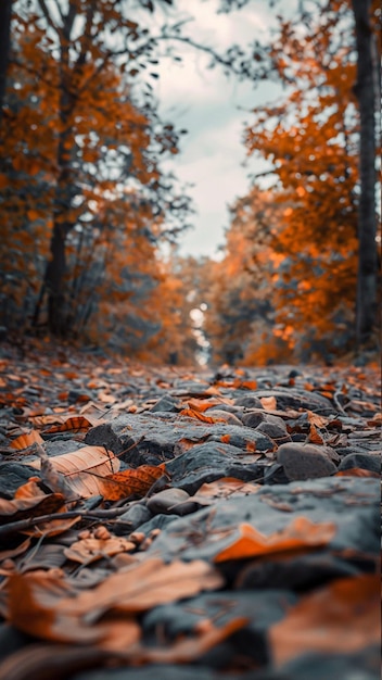 Photo low angle shot of a forest path covered in fallen autumn leaves with path disappearing into distance