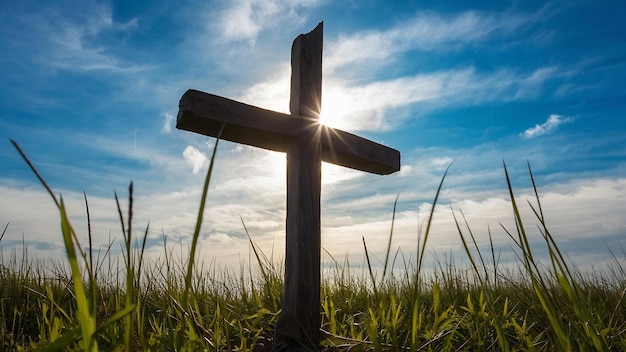 Low angle shot of a handmade wooden cross in a grassy field with a beautiful sky