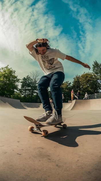 Low angle shot of a man skateboarding in an empty skatepark with trees and a sky