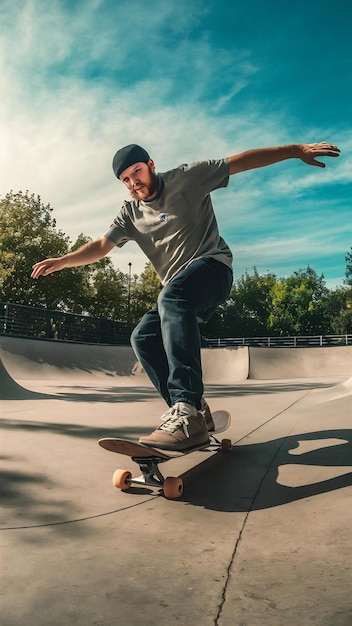 Low angle shot of a man skateboarding in an empty skatepark with trees and a sky