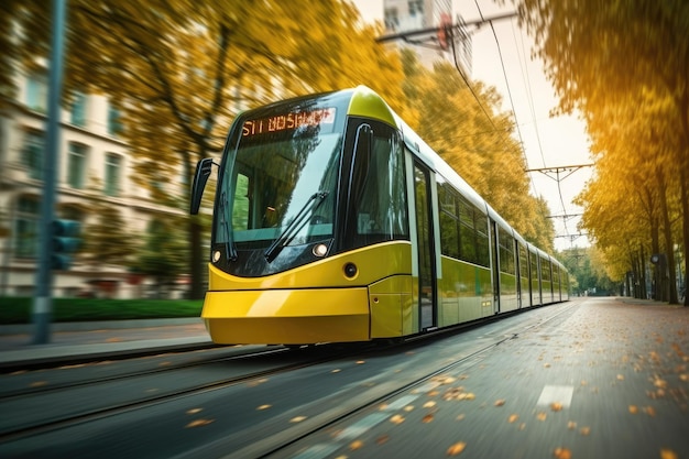 Low angle shot of a modern electric tram passing by showcasing the eco friendly nature of public transportation Generative AI