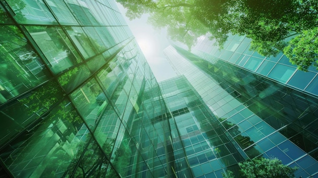 Photo low angle shot of modern glass buildings and green with clear sky ai generated