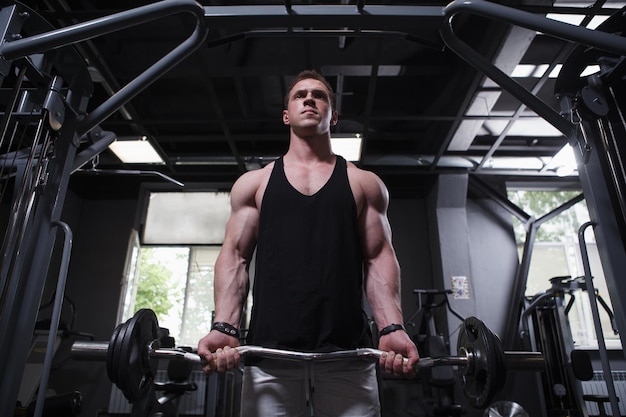 Low angle shot of a muscular male athlete working out with ez curl barbell doing biceps exercise