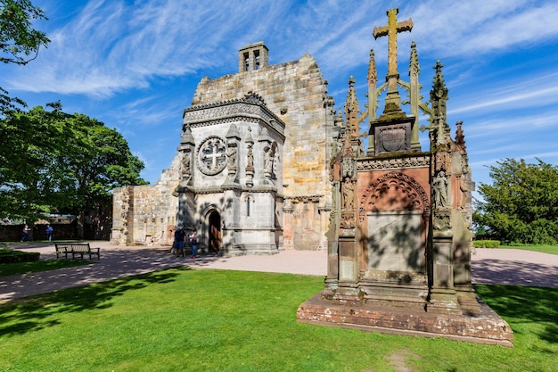 Low angle shot of Rosslyn Chapel in Edinburgh Scotland UK