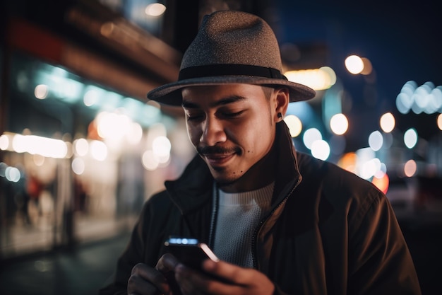 Low angle shot of a young caucasian man trendy clothes using mobile phone with background of urban city street at night Generative AI AIG18