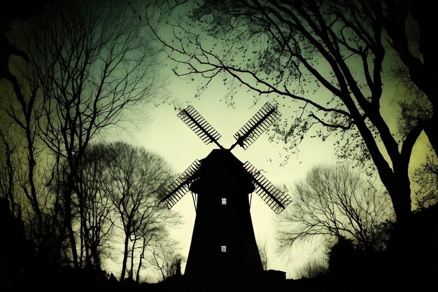 Low angle silhouette of a windmill silhouetted against the woods