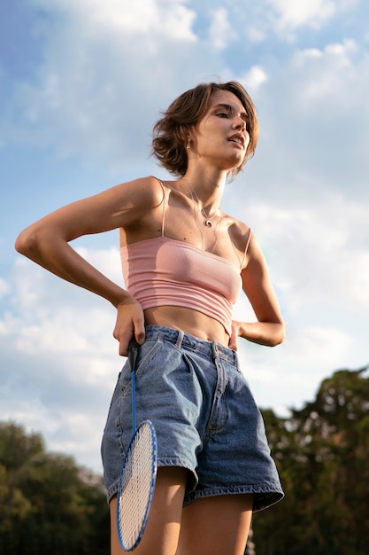 Low angle tired woman outdoors