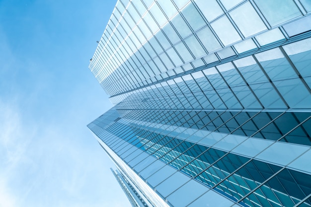 Low angle view of a blue skyscraper