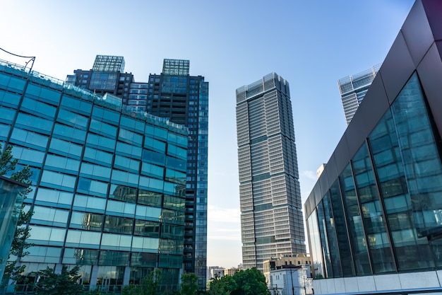 Low angle view of business buildings in Shanghai, China