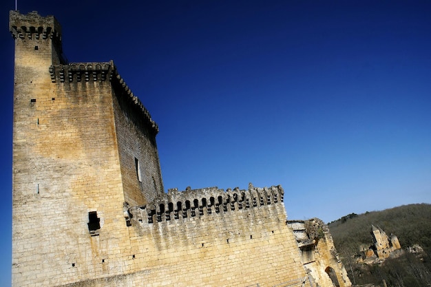 Low angle view of castle against clear blue sky