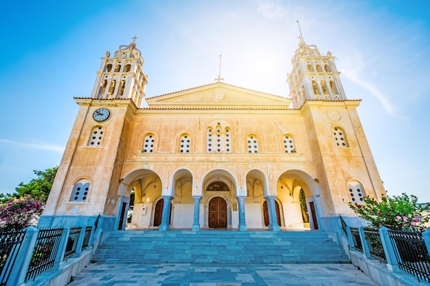 Low angle view of the church at susnet time Lefkes