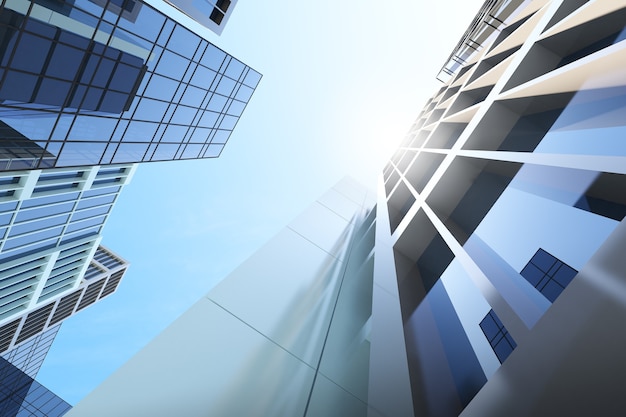 Low angle view of futuristic architecture, Skyscraper of corporate office building, 3D rendering.