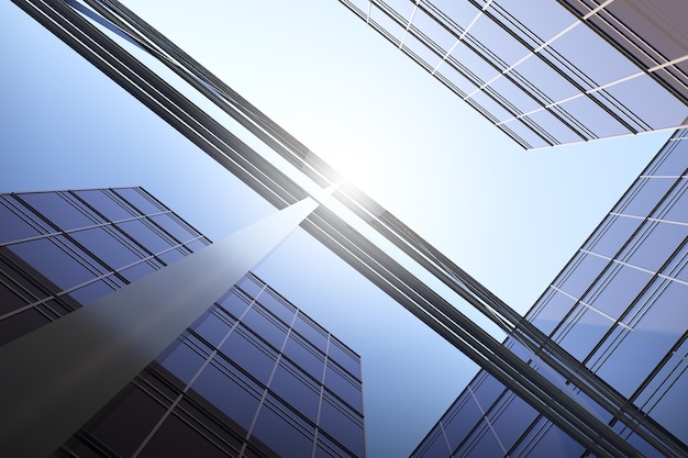 Low angle view of futuristic architecture, Skyscraper of corporate office building, 3D rendering.