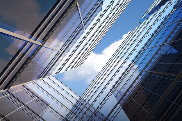 Low angle view of futuristic architecture, Skyscraper of corporate office building, 3D rendering.