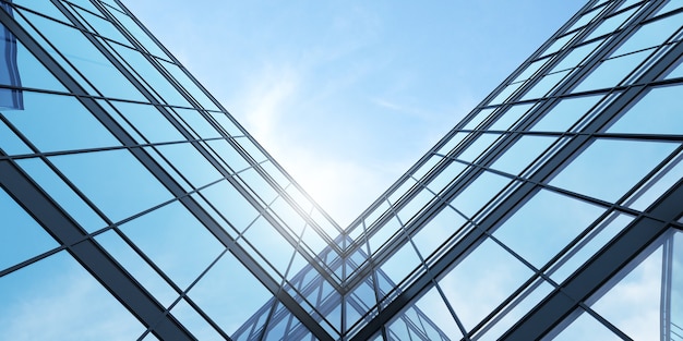 Low angle view of futuristic architecture, Skyscraper office building with cloud reflected on window, 3D rendering.