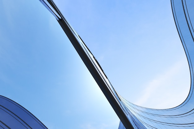 Low angle view of futuristic architecture, Skyscraper of office building with curve glass window, 3D rendering.