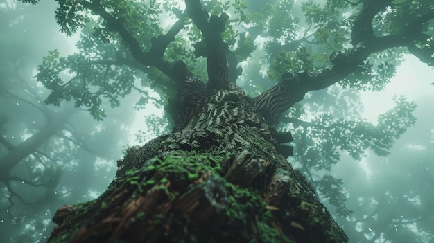 A low angle view of a large old tree with a rough bark and mossy growth