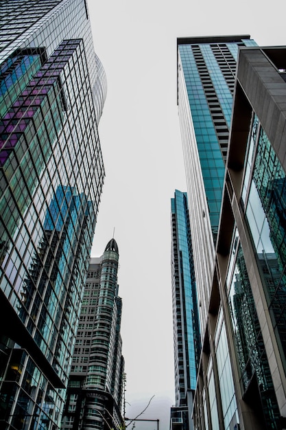 Low angle view of modern buildings against clear sky