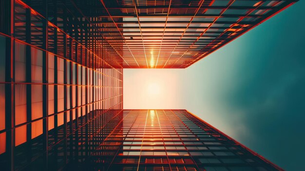 Photo low angle view of modern skyscrapers reflecting sunlight creating a futuristic and visually stunning urban cityscape