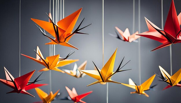 Low angle view of paper cranes hanging from ceiling