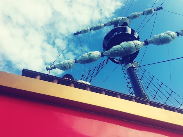 Low angle view of rope on boat against sky