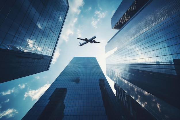 Low angle view of skyscrapers and airplane flying in the sky Low angle view of airplane flying over glass office skyscraper building AI Generated