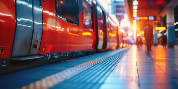 Low angle view of a subway train stopped at a station platform with the warm glow of lights reflecting on the scene