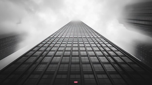 A low angle view of a tall skyscraper reaching up into a cloudy sky with two other skyscrapers visible in the background