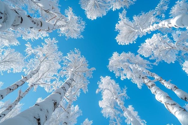 Low angle view of tree branches covered in the snow under the blue sky in larvik in norway