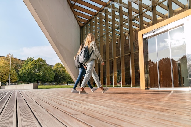 Low angle view of two females college classmates entering the university.