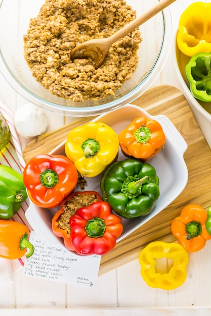 Low calorie stuffed peppers with ground turkey and white rice.