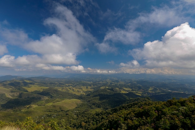 Low clouds covering the peaks of the hill, at the top of the Serra da Mantiqueira. Minas Gerais state, Brazil