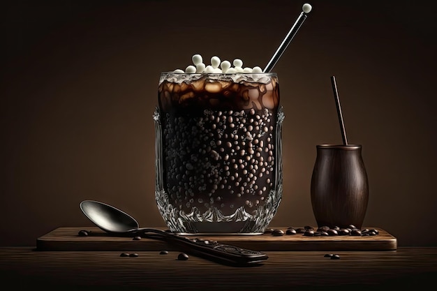 A low glass filled with coffee and topped with milk ice cubes an iron cocktail straw and drops Beans for coffee on a spoon background made of dark wood focused only on the glasss front surface