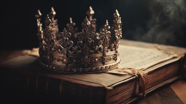 Low key image of beautiful queen or king crown on old book with Generative AI Technology