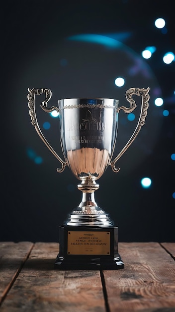 low key image of trophy over wooden table and dark background with abstract shiny lights