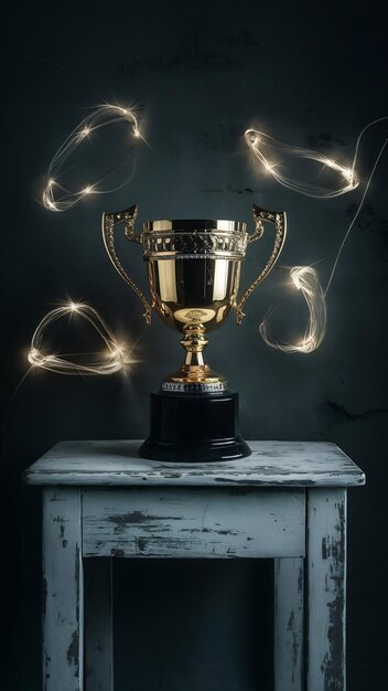 low key image of trophy over wooden table and dark background with abstract shiny lights