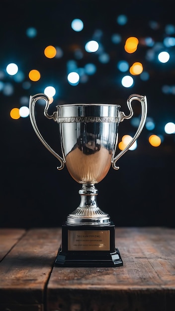 low key image of trophy over wooden table and dark background with abstract shiny lights