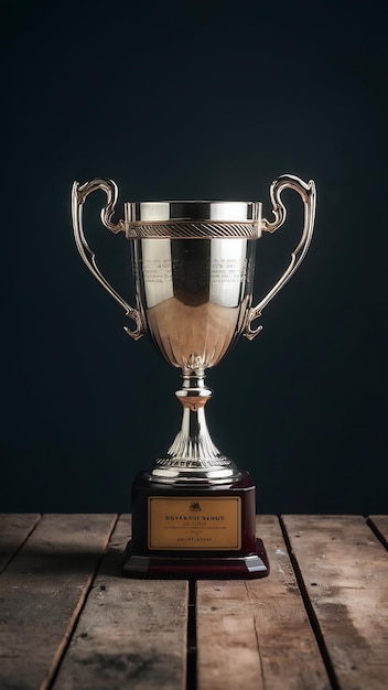 low key image of trophy over wooden table and dark background