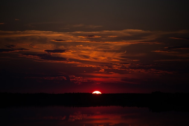 Low key sunset on the lake. Low horizon line. Burgundy sky. The sun is hiding behind a strip of trees. There is copy space.